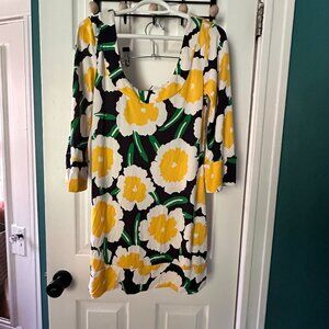 Diane von Fürstenberg Silk Floral Dress Size 8 Bold Yellow White Flowers DVF